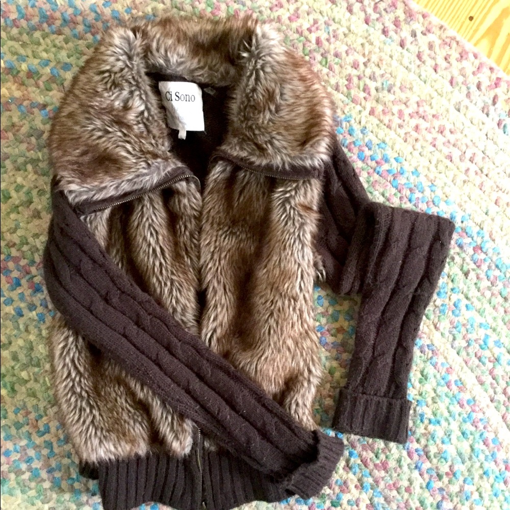 Ci Sono Faux Fur Zip UP Sweater | Brown | L